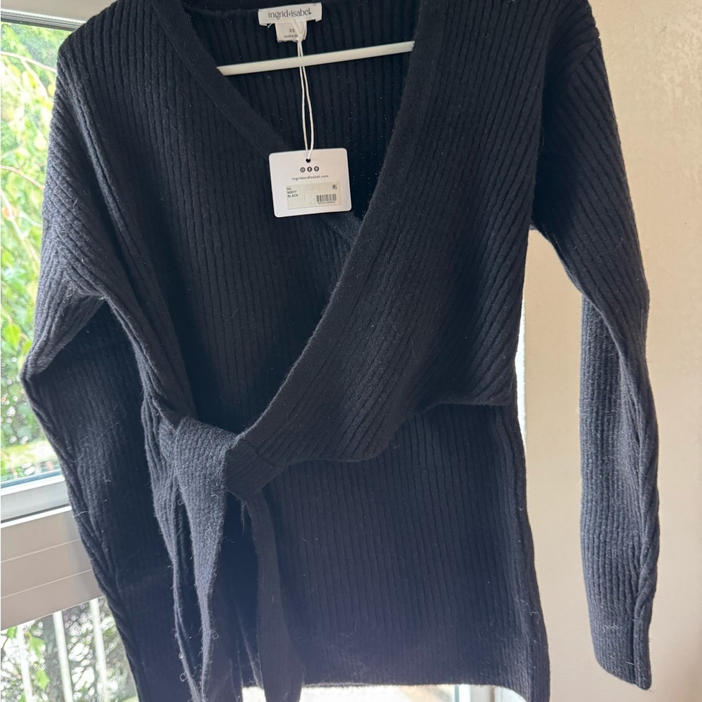 Ingrid & Isabel Black Ribbed Wrap Cardigan with Waist Tie
